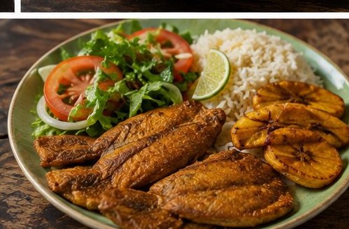 Pescado frito con ensalada y plátano, preparado por Gastro Plus.