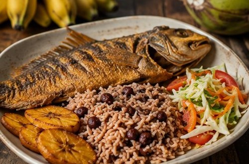 Pescado frito con plátano y arroz con coco, preparado por Gastro Plus.