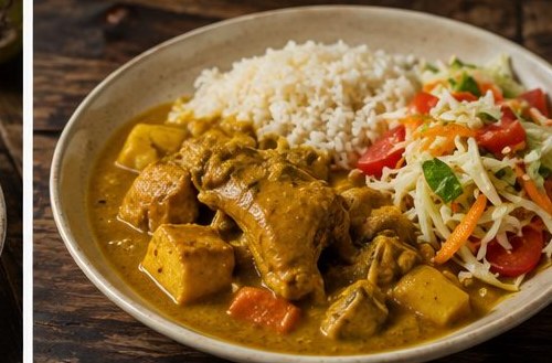 Pollo guisado caribeño con arroz y ensalada, preparado por Gastro Plus.